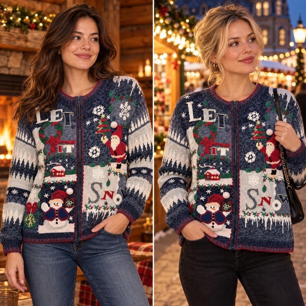 Heirloom Collectibles Christmas Cardigan M Santa Snowman Zip Vintage Sweater